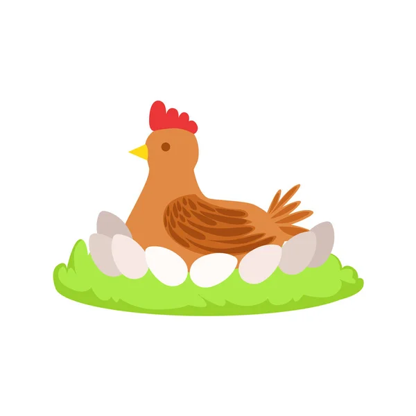 Pollo en el nido de dibujos animados Granja Elemento relacionado en parche de hierba verde — Vector de stock