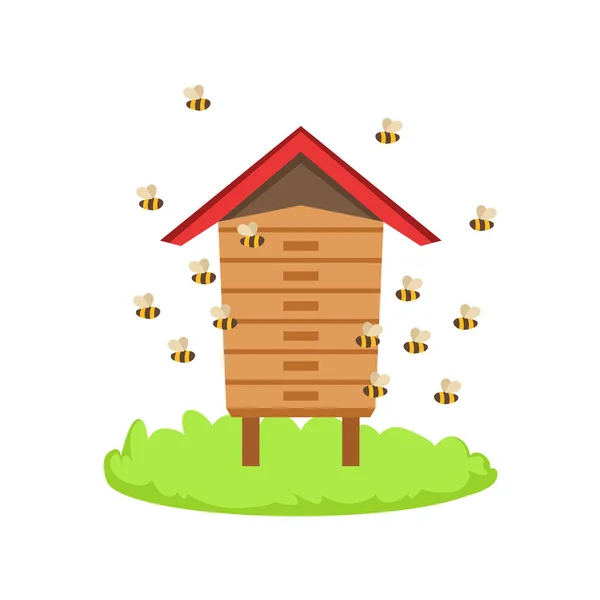 Abejas alrededor de la granja de dibujos animados colmena de madera Elemento relacionado en parche de hierba verde — Vector de stock