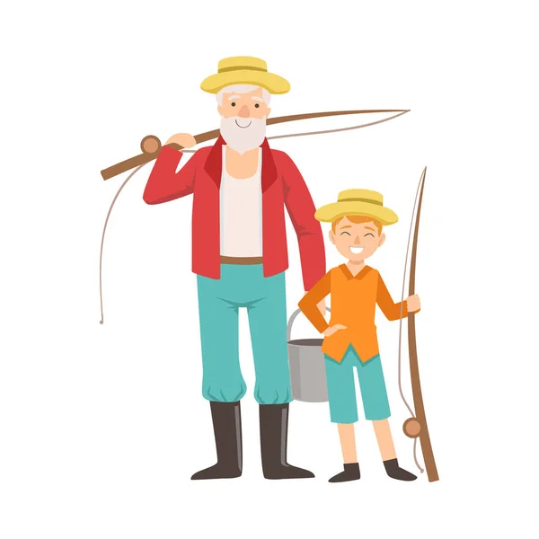 Nonno e nipote andare a pesca, Parte del nonno e nipote passare del tempo insieme set di illustrazioni — Vettoriale Stock