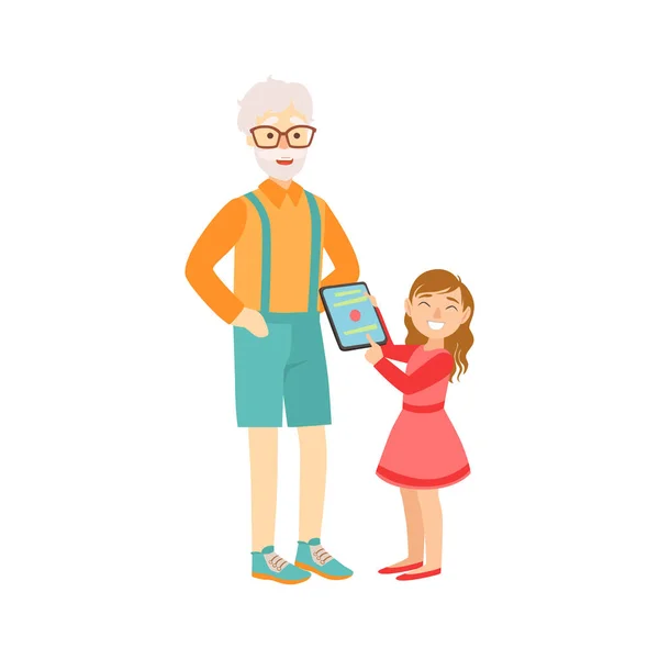 Neta Mostrando Tablet Vovô, Parte de Avô e Neta Passando o Tempo Juntos Conjunto de Ilustrações —  Vetores de Stock