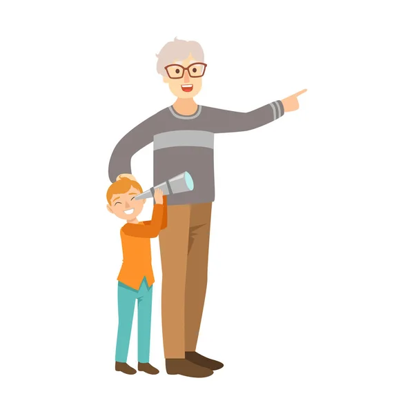 Nonno e nipote che guardano attraverso il telescopio, parte del nonno e nipote che passano il tempo insieme set di illustrazioni — Vettoriale Stock