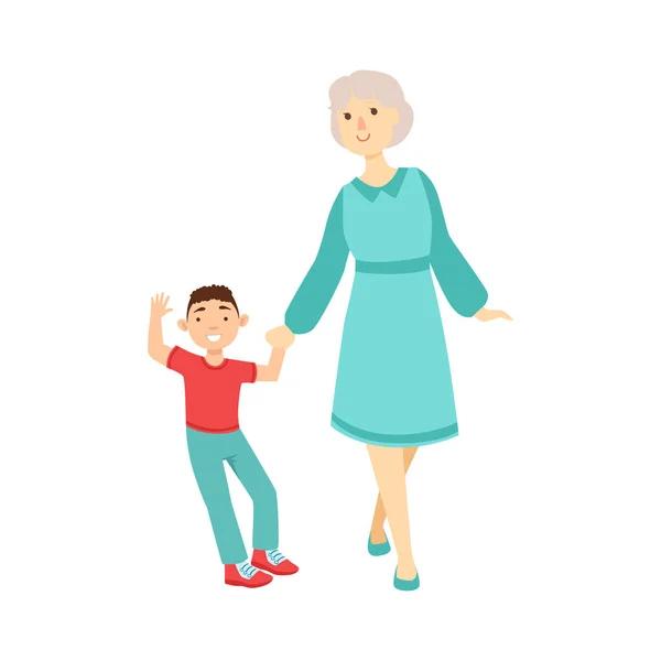 祖母と孫のイラストの祖父母と孫通過時間一緒にセットの一部、手をつないで歩く — ストックベクタ