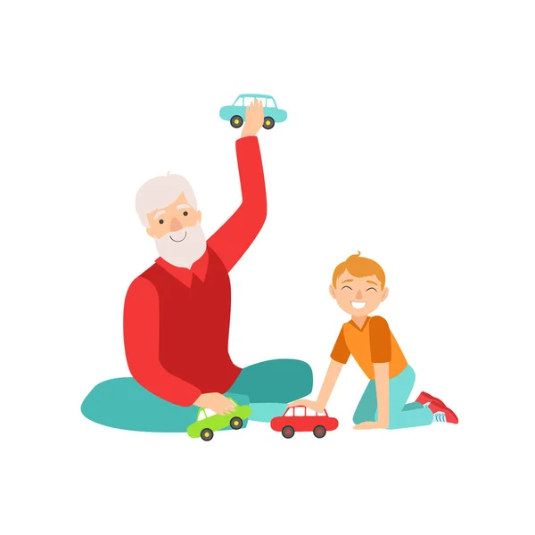 Avô e neto jogando carros de brinquedo, parte do avô e neto passar o tempo juntos conjunto de ilustrações —  Vetores de Stock