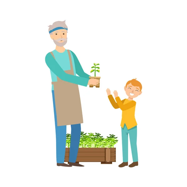 Dedesi ve bahçıvanlık, büyükbaba veya büyükanne ve illüstrasyonlar zaman birlikte dizi geçen torun torunu — Stok Vektör