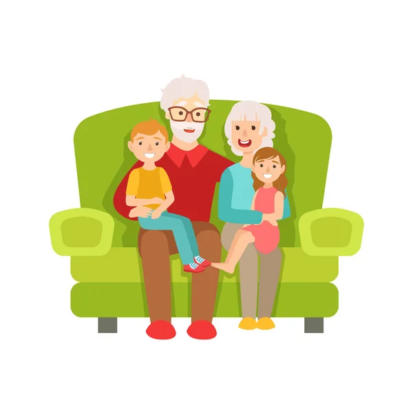 Großeltern und Enkelkinder sitzen auf dem Sofa, ein Teil der Großeltern und Enkelkinder verbringt die Zeit miteinander. — Stockvektor