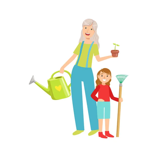 Babcia i wnuczka, ogrodnictwo, część dziadkowie i wnuki, przekazując czasu razem zestaw ilustracji — Wektor stockowy