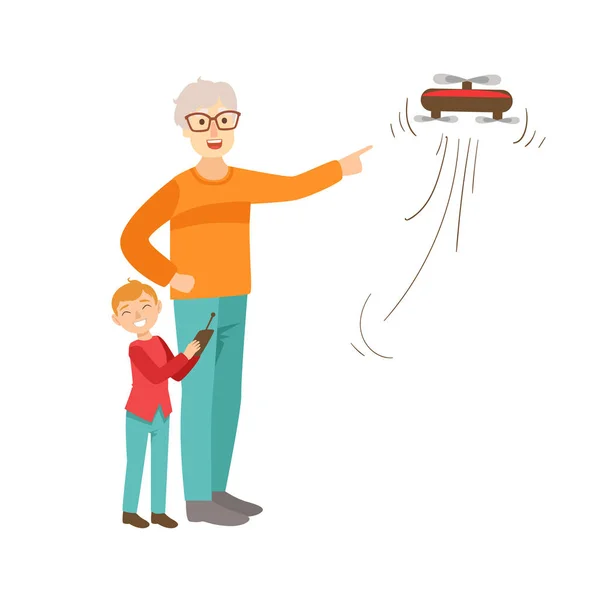 Großvater und Enkel fliegen eine Drohne, ein Teil der Zeit verbringen Großeltern und Enkel gemeinsam. — Stockvektor