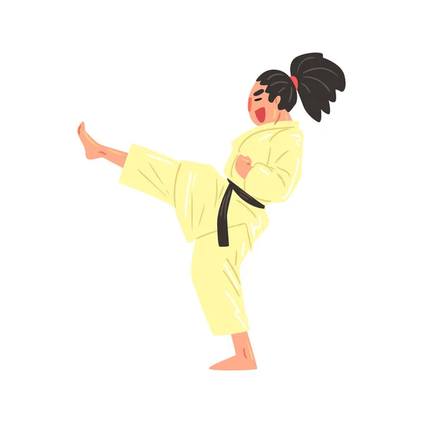 Lutador profissional de karatê em Kimono chutando com perna com cinto preto personagem legal dos desenhos animados — Vetor de Stock