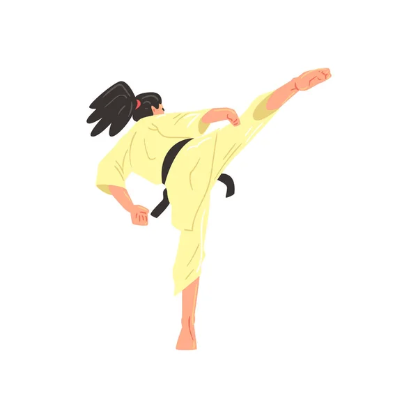 Karate Professional Fighter In Kimono With Black Doing Leg Sidekick Belt Cool Cartoon Character