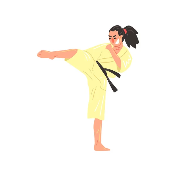 Karate professionell Fighter i Kimono med svart bälte gör Sidkick med böjda ben Cool seriefigur — Stock vektor