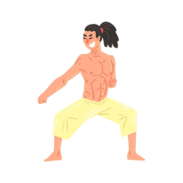 Muscly Shirtless Karate luchador profesional en la postura inicial Carácter fresco de la historieta — Vector de stock