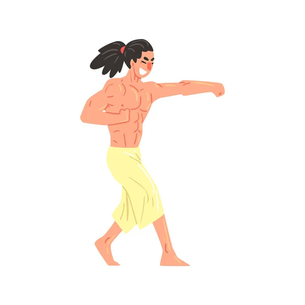 Izmos félmeztelen Karate profi harcos rugdossa ököl hűvös rajzfilmfigura — Stock Vector