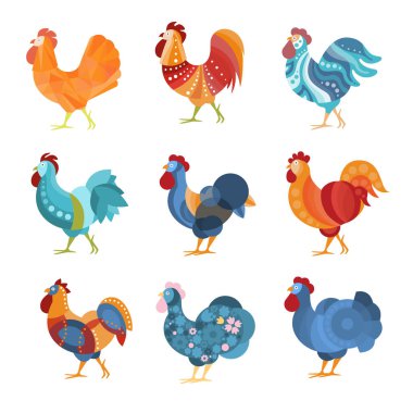 Rooster Similar Drawings Set Colored In Different Styles clipart