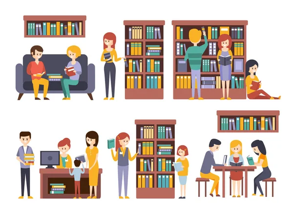 Library And Bookstore With People REading  Choosing Books — Stock Vector