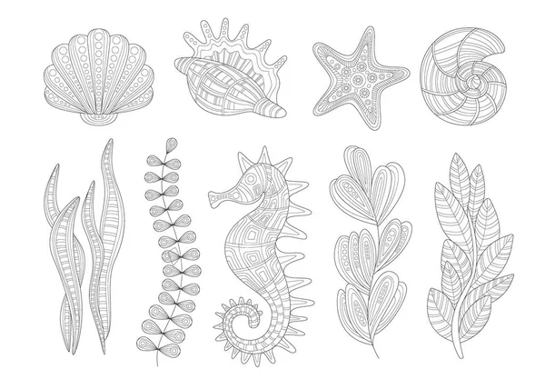 Unterwasser natur set erwachsene zentangle malbuch illustration — Stockvektor