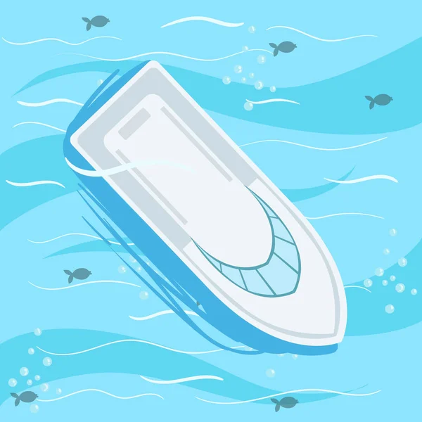Vita motorbåt med blå havsvatten på bakgrund — Stock vektor