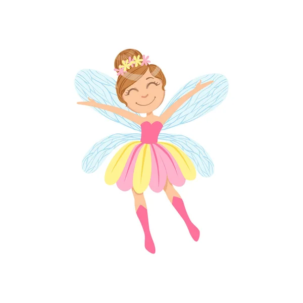 Cute Fairy In Pink And Yellow Dress Girly Cartoon Character — Stock Vector