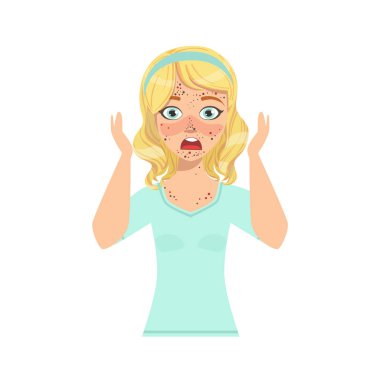 Kız onu korkunç sorunlu cilt sabah ve kırmızı Rush tarafından dehşete ile şok