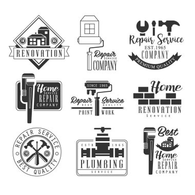 Sıhhi tesisat ve hizmeti siyah ve beyaz işareti tasarım şablonları metin ve araçları siluetleri ile onarma