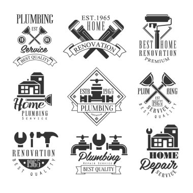 Sıhhi tesisat ve hizmeti siyah ve beyaz işareti tasarım şablonları metin ve enstrüman siluetleri ile onarma