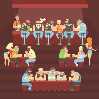 Karanlık Bar ile suç seyir bisikletçileri ve denizci müşteri ve Slutty garsonlar bira illüstrasyon hizmet
