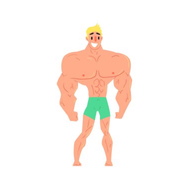 Mavi şort vücut geliştirmeci komik karakter steroid kas güçlü adam rutin gösteren gülümseyen adam