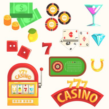 Kumar ve Casino gece kulübü Set sembollerin kartları, Dices, rulet masasında, cips ve Slot makinesi de dahil olmak üzere