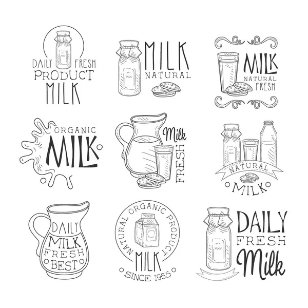 Melhor leite orgânico conjunto de produtos de mão desenhado preto e branco modelos de design de sinal com texto caligráfico — Vetor de Stock