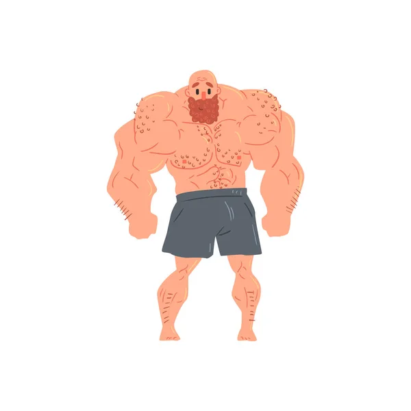 Homem em boxers pretos halterofilista engraçado sorrindo personagem em esteróides demonstrando músculos na frente Lat Spread Pose como rotina Strongman —  Vetores de Stock