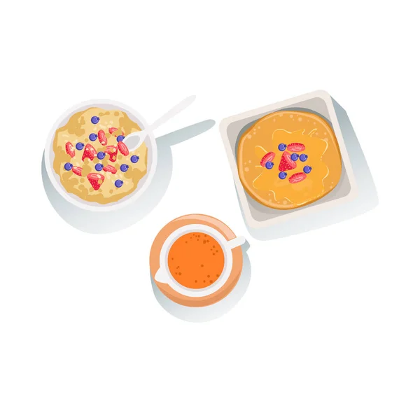 Овсянка, блины и апельсиновый сок набор классических продуктов питания для завтрака и меню — стоковый вектор