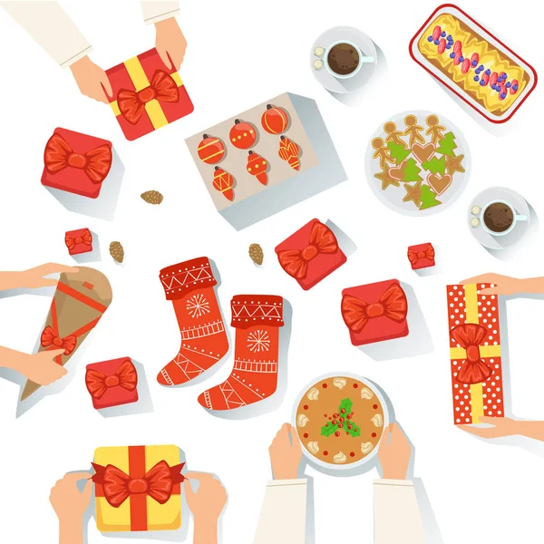 Famiglia con la festa di Natale tradizionalmente servita Pasto vista dall'alto illustrazione del fumetto — Vettoriale Stock
