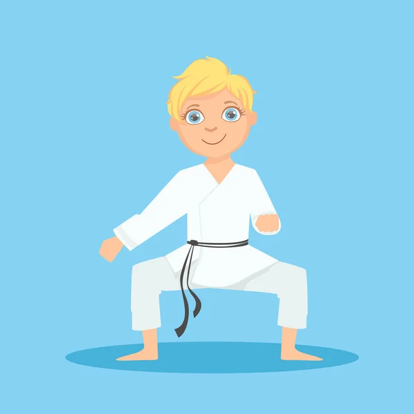 Boy In White Kimono In Defensive Stance On Karate Martial Art Sports Training Cute Smiling Cartoon Character