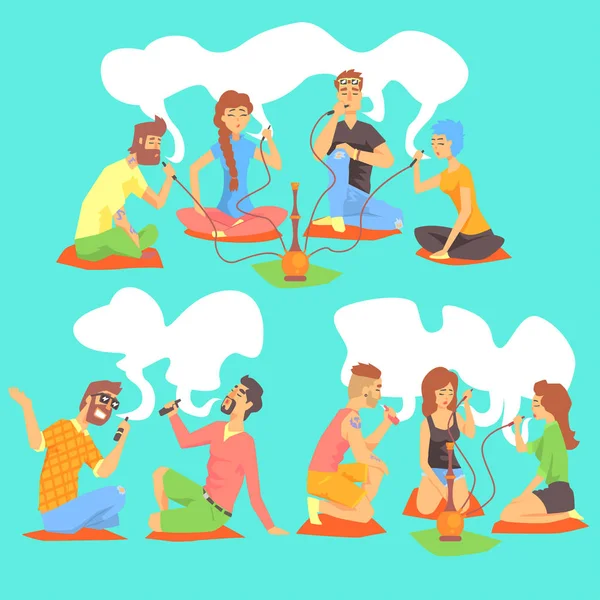 Jeunes hipsters fumant narguilé et cigarettes électroniques assis sur le plancher ensemble d'illustration avec des fumeurs et des couches — Image vectorielle
