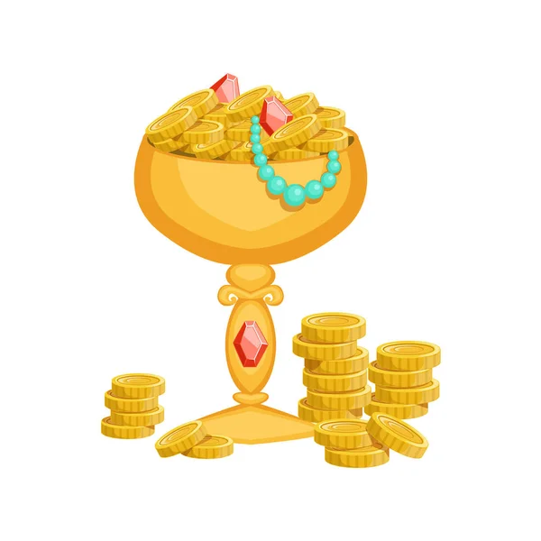 Golden Goblet With Gold Coins And Jewelry,Hidden Treasure And Riches For Reward In Flash Came Design Variation — Stock Vector