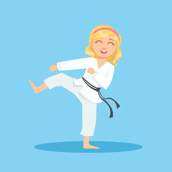 Flicka i vit Kimono gör benet Sidekick på Karate kampsport sport utbildning söt leende seriefigur — Stock vektor