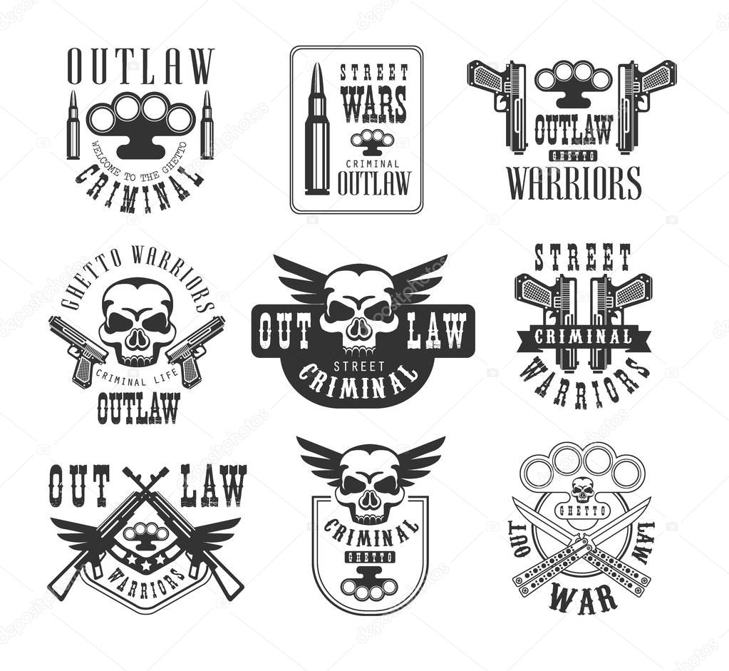 Criminal Outlaw Street Club Black And White Sign Design Templates With Text And Weapon Silhouettes. Collection Of Monochrome Vector Emblems With Ghetto Symbols For Prints And Stencils.