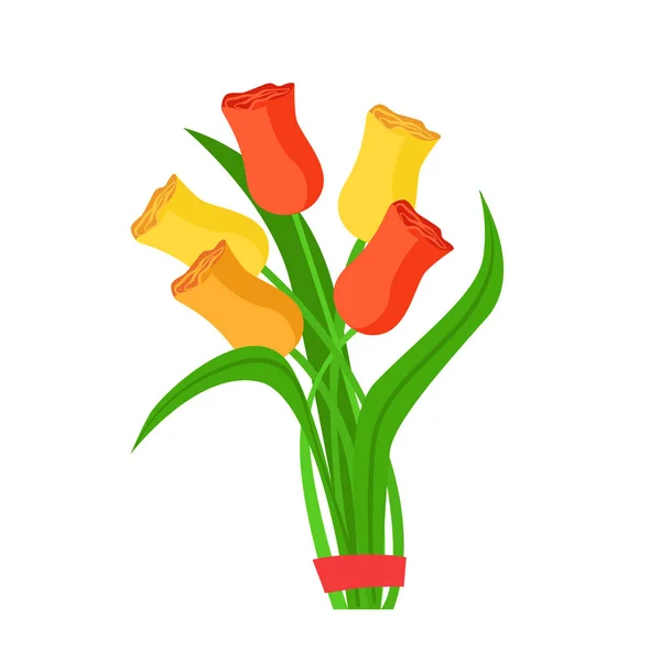 Bunte Tulpen Blumenstrauß gebunden mit rotem Band, Blumenladen dekorative Pflanzen Sortimentsartikel Cartoon Vektor Illustration — Stockvektor