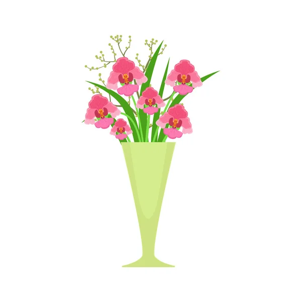 Orkide çiçek buketi uzun çiçek vazoda çiçek Dükkanı dekoratif bitkiler ürün yelpazesine Madde karikatür vektör çizim — Stok Vektör