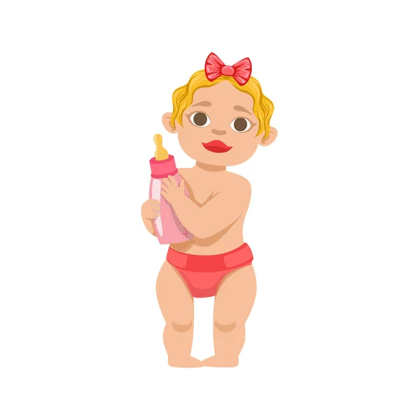 Toddler biały dziewczynka stojący z butelki, część etapy uprawy z dziećmi w różnym wieku wektor zestaw — Wektor stockowy