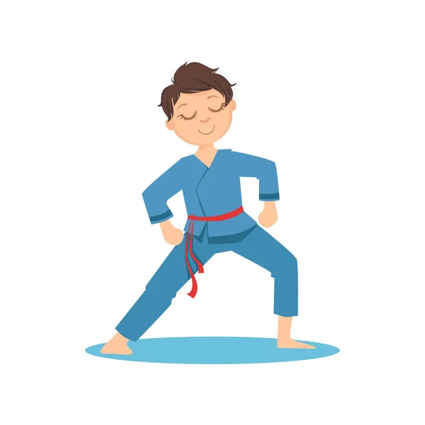 Pojken gör meditativ Tai Chi träning i Blue Kimono på Karate kampsport sport utbildning söt leende seriefigur — Stock vektor