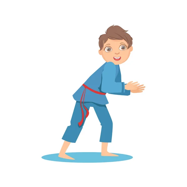 Boy In Blue Kimono Em Sparring Luta No Karatê Arte Marcial Treinamento Desportivo Bonito Sorrindo Personagem Dos Desenhos Animados — Vetor de Stock