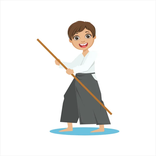 Boy With The Pole In Wide Trousers On Karate Martial Art Sports Training Cute Smiling Cartoon Character