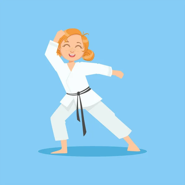 Girl With Ponytails In White Kimono On Karate Martial Art Sports Training Cute Smiling Cartoon Character