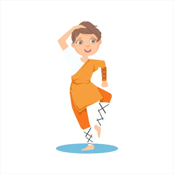 Çocuk Shaolin keşiş turuncu kıyafet Karate dövüş ve savunma sanatı başlangıç duruşu spor eğitim sevimli gülümseyen gösteren karakter karikatür. — Stok Vektör