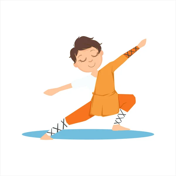 Chłopiec w Orange mnich Shaolin ubrania robienie ćwiczeń medytacyjnych Tai Chi na Karate sztuki walki sportowe szkolenia Ładna uśmiechający się postać z kreskówki — Wektor stockowy