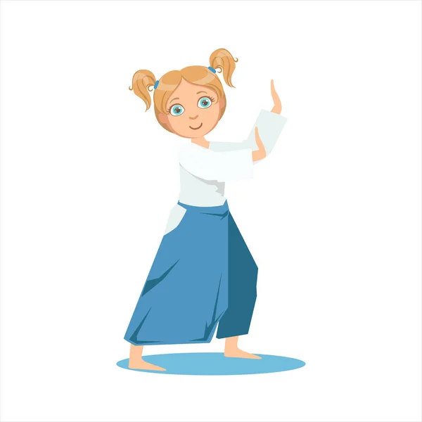 Girl With Ponytails In Wide Trousers On Karate Martial Art Sports Training Cute Smiling Cartoon Character