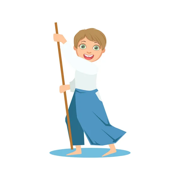 Boy With The Stick In Wide Trousers On Karate Martial Art Sports Training Cute Smiling Cartoon Character