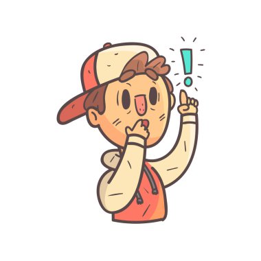 Cap ve kolej ceketi önemli çocuk el çekilmiş Emoji serin bir şeyler hatırlamaya portre özetlenen