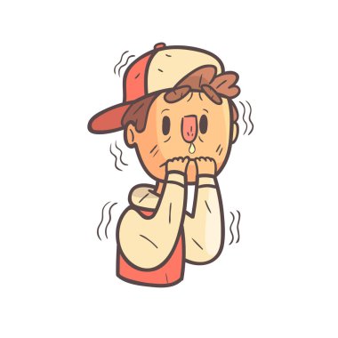 Cap ve kolej ceketi el çekilmiş Emoji serin korku çocukla sallayarak portre özetlenen