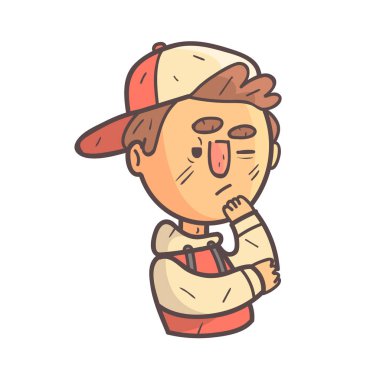 Cap ve kolej ceketi el çekilmiş Emoji serin düşünce çocuk portre özetlenen